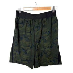 Legend Mens Green Camo Athletic Shorts Drawstring Elastic Waist Zip Pocket Small
